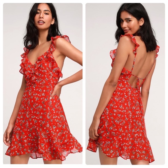 Lulus Spring Dream Red Floral Print Ruffled Skater Dress NWT Sz. Medium - Picture 1 of 14